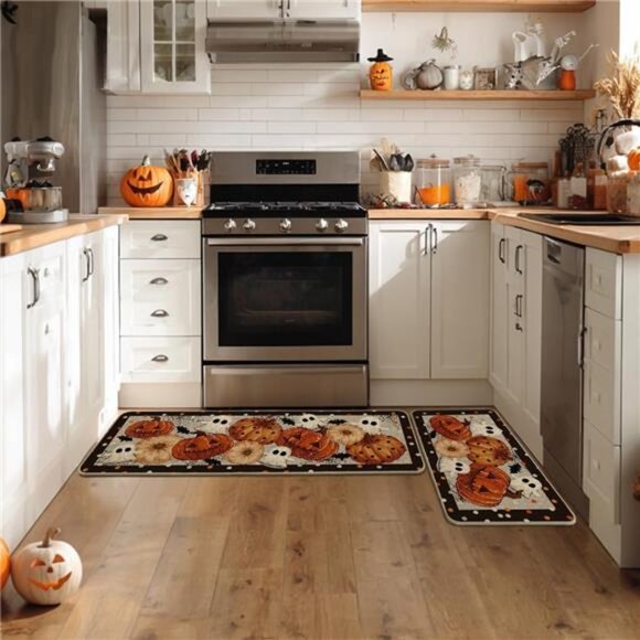 Set of 2 Spooky Ghost & Jack-O'-Lantern Kitchen Mats for Halloween Home Decor - Picture 4 of 7